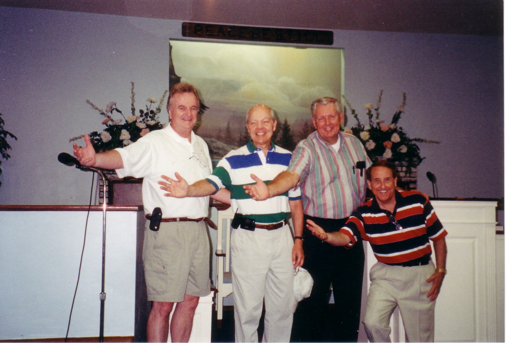 RE-ENACTING THEIR SR. MINSTREL NUMBER ARE: HOWARD HUMPHREYS, JOHN KOSKINEN, DALE GRIFFITH AND SUB - BILL MARTIN- IN FOR BILL HURTZ.  THIS PHOTO WAS TAKEN IN THE REMODELED ASHLAND HIGH AUDITORIUM, WHICH IS NOW A CHURCH.