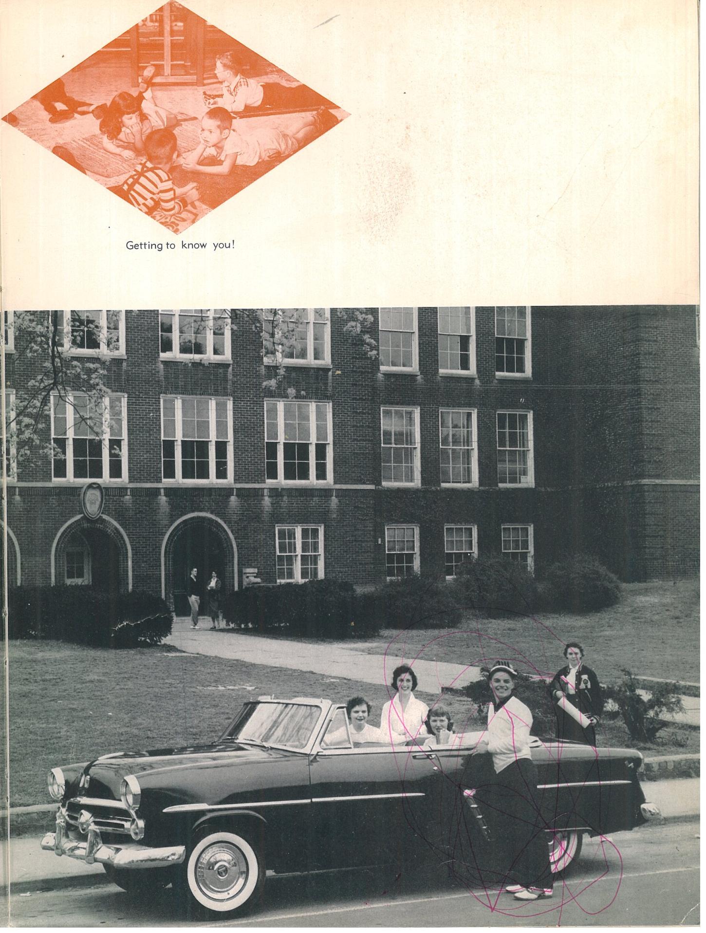 ICONIC PHOTO SHOWING OUR SCHOOL AHS WITH CLASSIC CAR AND CLASSMATES