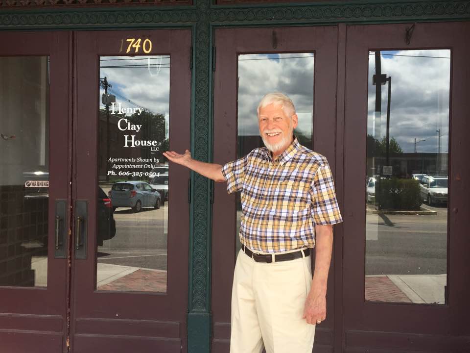 JIM SMITH - IN FRONT OF THE HENRY CLAY HOUSE (formerly Henry Clay Hotel) where Jim and his family lived when he was at AHS and his father was manager of the hotel.   The Henry Clay is currently being restored to its former glory and has rental apartments 